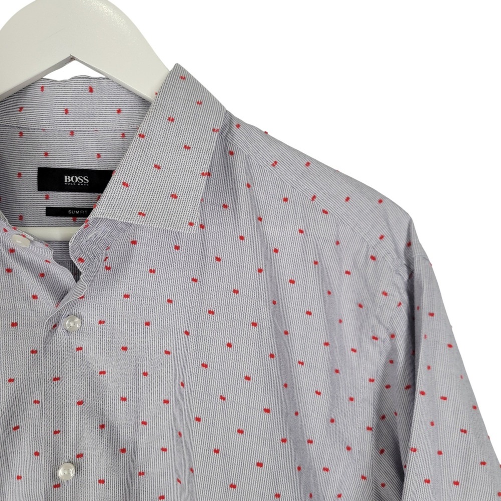 HUGO BOSS Slim Fit Mens Long Sleeve Dress Shirt Blue Red Dot Size 17 43